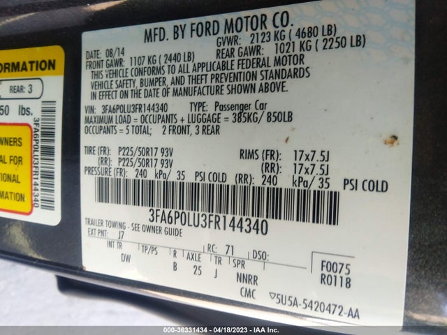 2015 FORD FUSION SE HYBRID VIN: 3FA6P0LU3FR144340