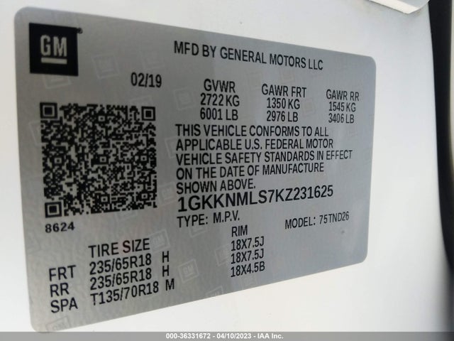 GMC ACADIA SLT 2019 1GKKNMLS7KZ231625 Image 9