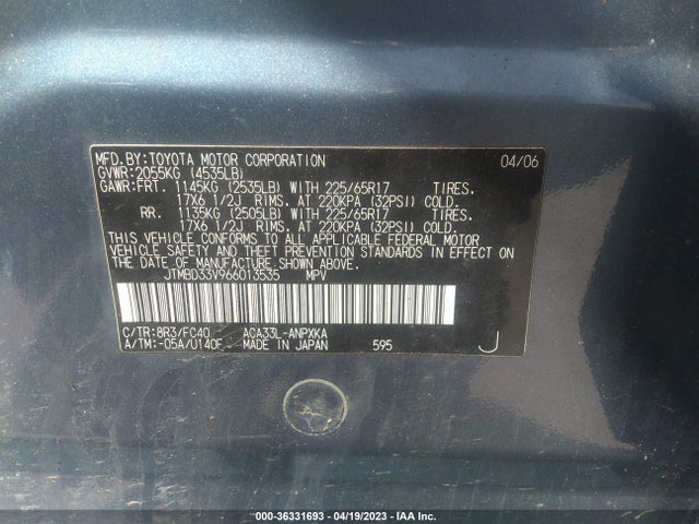 2006 TOYOTA RAV4 BASE VIN: JTMBD33V966013535
