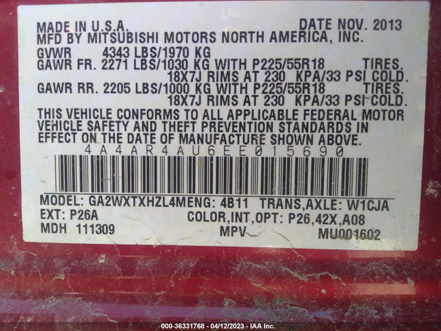 4A4AR4AU6EE015690 Mitsubishi Outlander Sport Se
