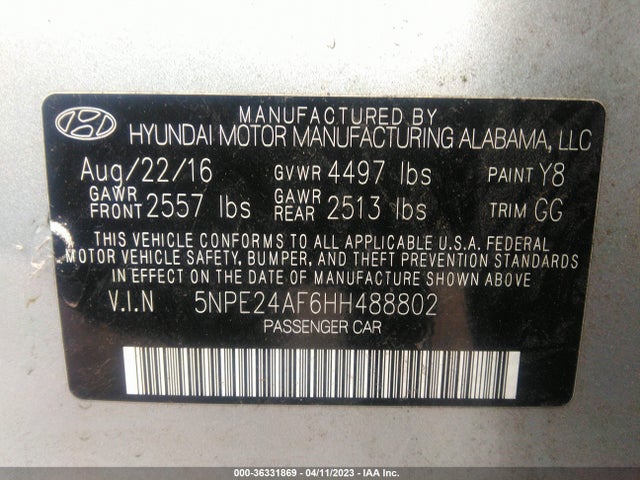 Hyundai Sonata 2.4l 2017 5NPE24AF6HH488802 Image 10