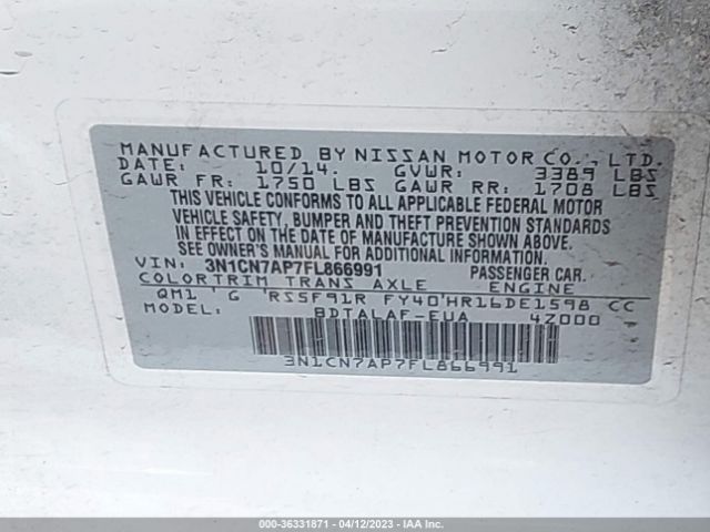 3N1CN7AP7FL866991 Nissan VERSA S