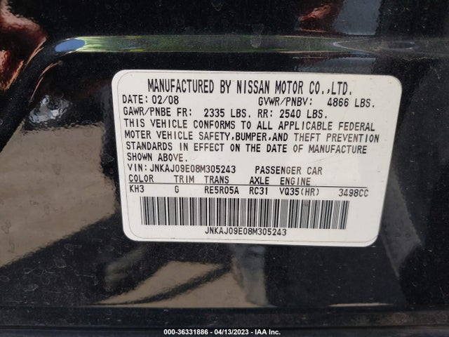 2008 INFINITI EX35 JOURNEY VIN: JNKAJ09E08M305243