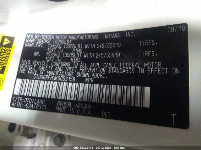 5TDDGRFH3KS053158 Toyota Highlander Hybrid Limited Platinum