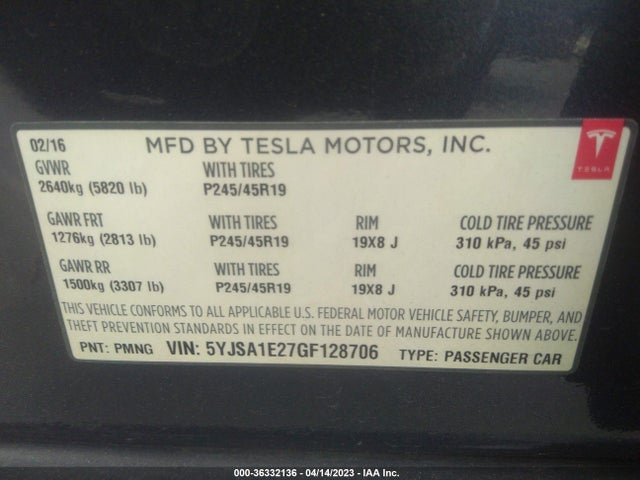 Tesla Model S 90d/70d/75d/60d/85d 2016 5YJSA1E27GF128706 Image 11