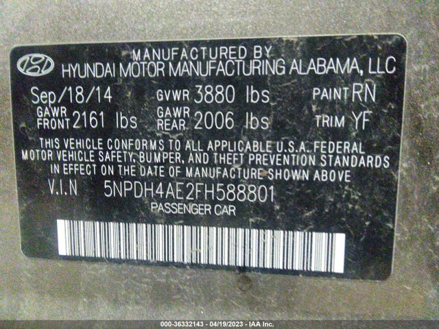 2015 HYUNDAI ELANTRA SE VIN: 5NPDH4AE2FH588801