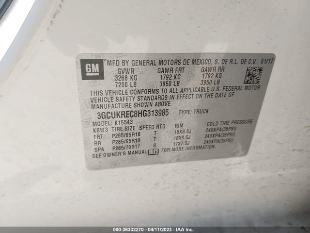 2017 CHEVROLET SILVERADO 1500 LT VIN: 3GCUKREC8HG313985
