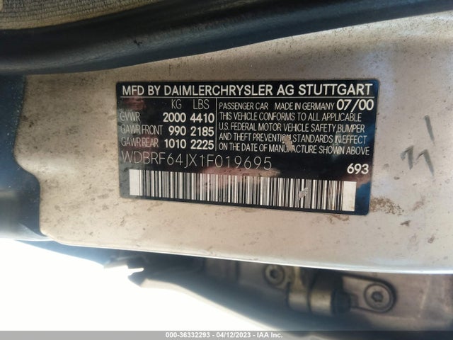 2001 MERCEDES-BENZ C CLASS VIN: WDBRF64JX1F019695