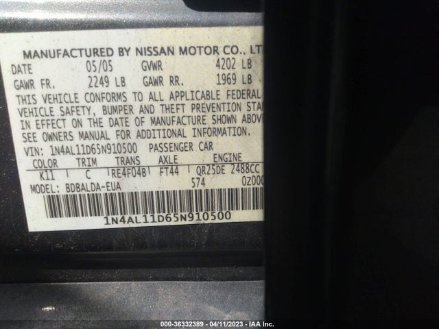2005 NISSAN ALTIMA 2.5 SL VIN: 1N4AL11D65N910500