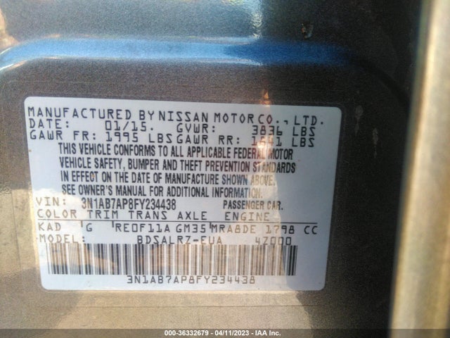 2015 NISSAN SENTRA SR VIN: 3N1AB7AP8FY234438