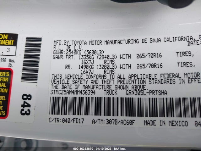 2021 TOYOTA TACOMA 4WD SR/SR5/TRD SPORT VIN: 3TMCZ5AN4MM436394