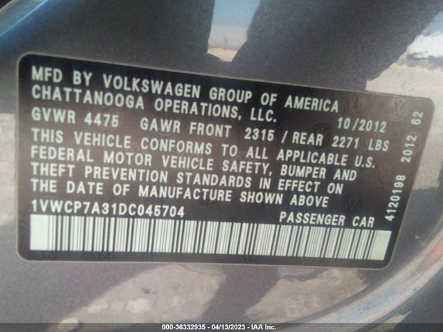 2013 VOLKSWAGEN PASSAT SEL PREMIUM VIN: 1VWCP7A31DC045704