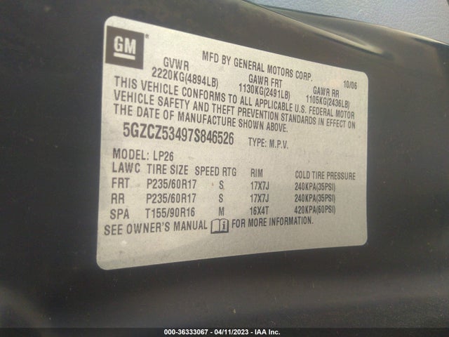 2007 SATURN VUE V6 VIN: 5GZCZ53497S846526