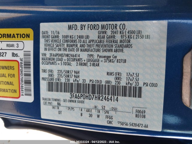 Ford FUSION SE 2017 3FA6P0HD7HR246414 Image 11