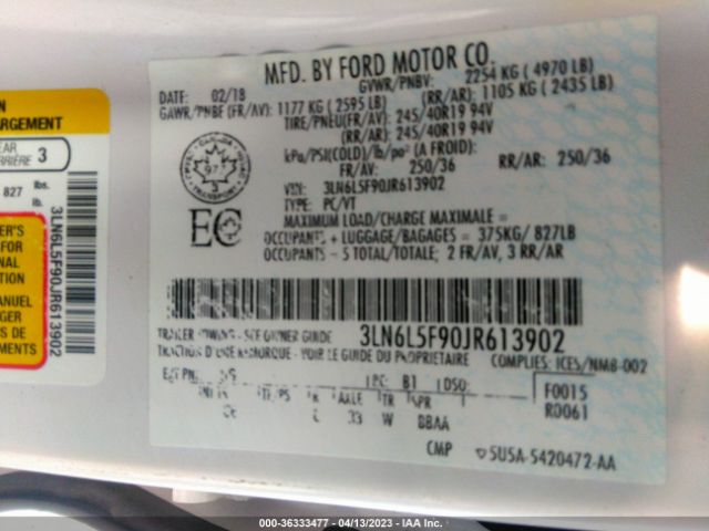 3LN6L5F90JR613902 Lincoln Mkz Reserve