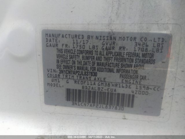3N1CN7AP2JL837830 Nissan Versa Sedan Sv