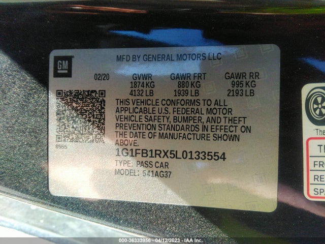 2020 CHEVROLET CAMARO 1LT VIN: 1G1FB1RX5L0133554