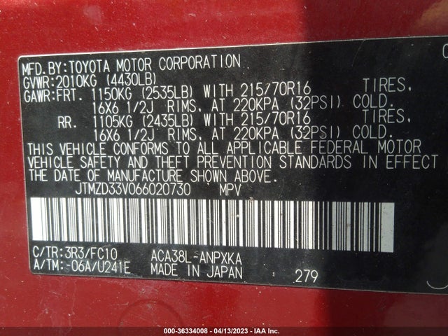 36334008 :رقم المزاد ، JTMZD33V066020730 vin ، 2006 Toyota Rav4 Base مزاد بيع
