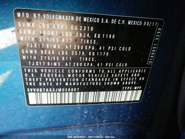 3VV0B7AX3JM026607 Volkswagen TIGUAN S