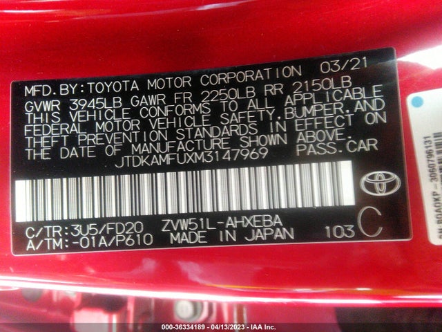 2021 TOYOTA PRIUS L VIN: JTDKAMFUXM3147969