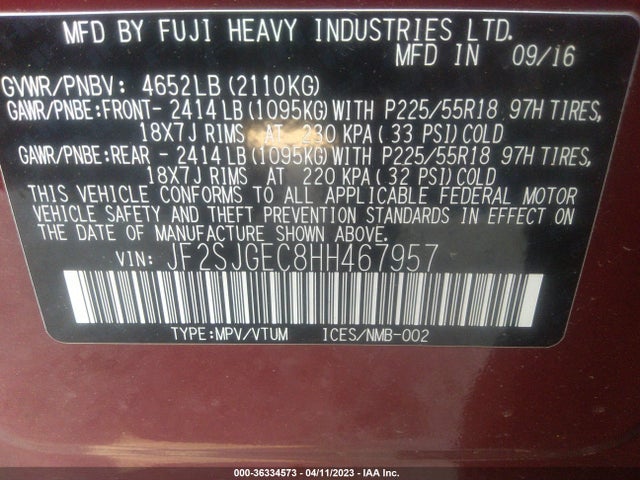 2017 SUBARU FORESTER PREMIUM VIN: JF2SJGEC8HH467957