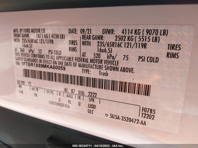 2021 Ford Transit, VIN: 1FTBR1X89MKA60059