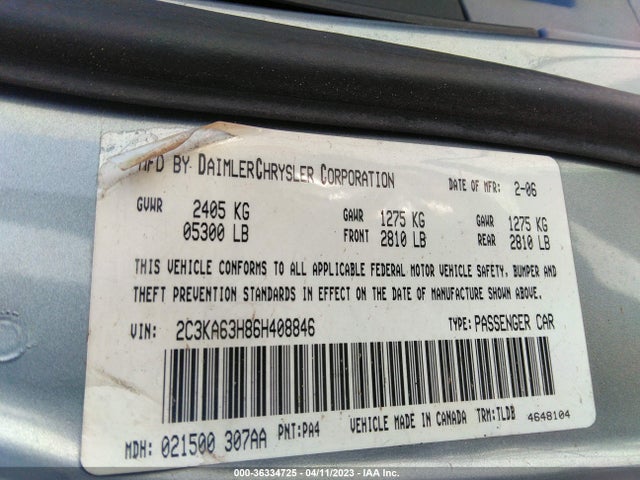 2006 CHRYSLER 300 C VIN: 2C3KA63H86H408846