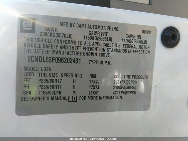 2009 CHEVROLET EQUINOX LT W/2LT VIN: 2CNDL63F096202431