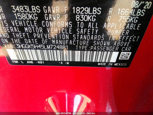 Honda FIT LX 2020 3HGGK5H45LM724881 Image 9