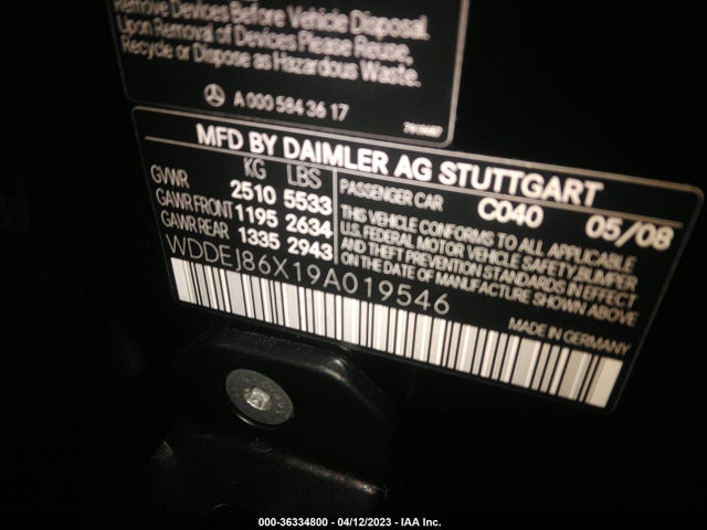 2009 MERCEDES-BENZ CL-CLASS 5.5L V8 VIN: WDDEJ86X19A019546