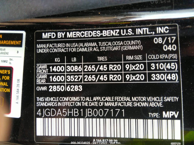 2018 MERCEDES-BENZ GLE GLE 350 VIN: 4JGDA5HB1JB007171