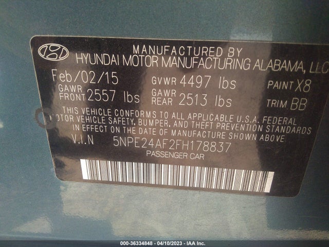 2015 HYUNDAI SONATA 2.4L SE VIN: 5NPE24AF2FH178837