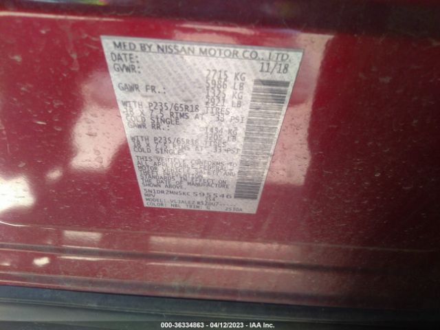5N1DR2MN5KC595546 Nissan Pathfinder Sv