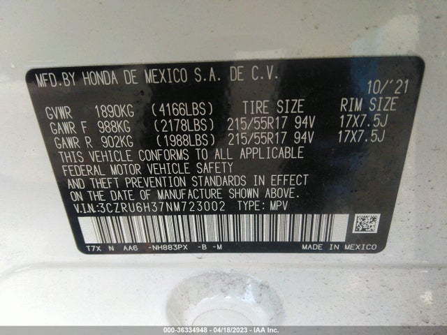 Honda HR-V LX 2022 3CZRU6H37NM723002 Image 10