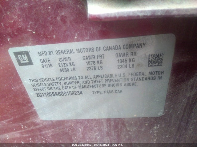 Chevrolet IMPALA LT 2016 2G1105SA6G9159234 Image 9