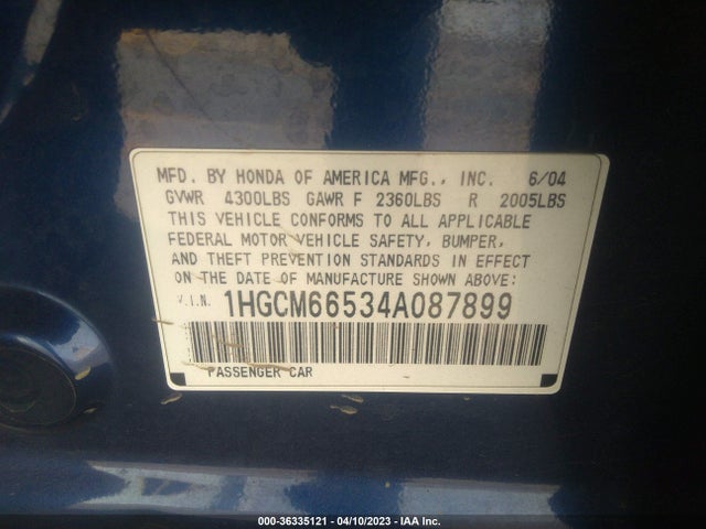 2004 HONDA ACCORD SDN EX VIN: 1HGCM66534A087899