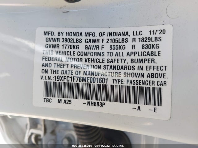 2021 HONDA CIVIC SEDAN EX-L VIN: 19XFC1F76ME001601