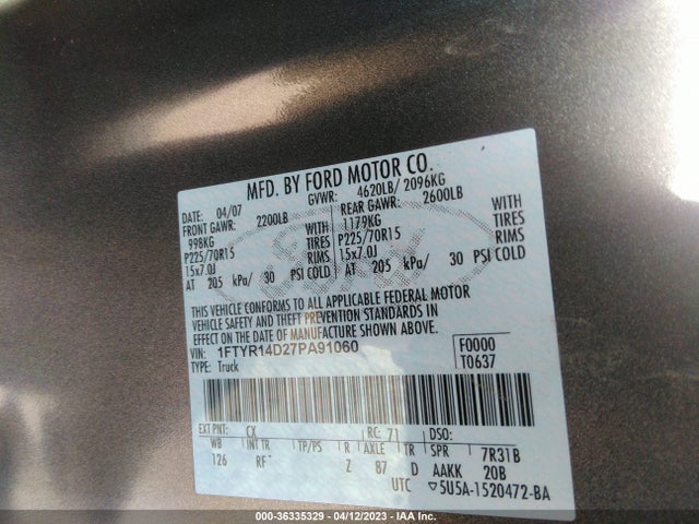 2007 FORD RANGER XL/STX/XLT VIN: 1FTYR14D27PA91060