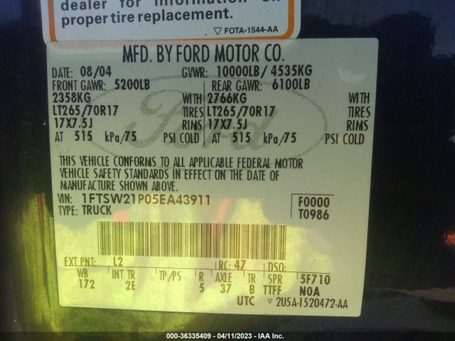 Продаж на аукціоні авто 2005 Ford Super Duty F-250 Xl/xlt/lariat, vin: 1FTSW21P05EA43911, номер лоту: 36335409