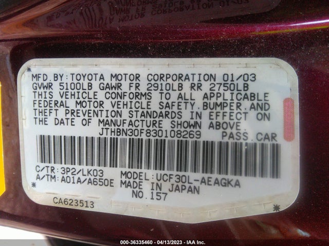 2003 LEXUS LS 430 VIN: JTHBN30F830108269