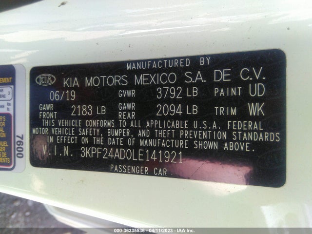 Aukcja sprzedaży 2020 Kia Forte Fe, vin: 3KPF24AD0LE141921, numer aukcji: 36335536