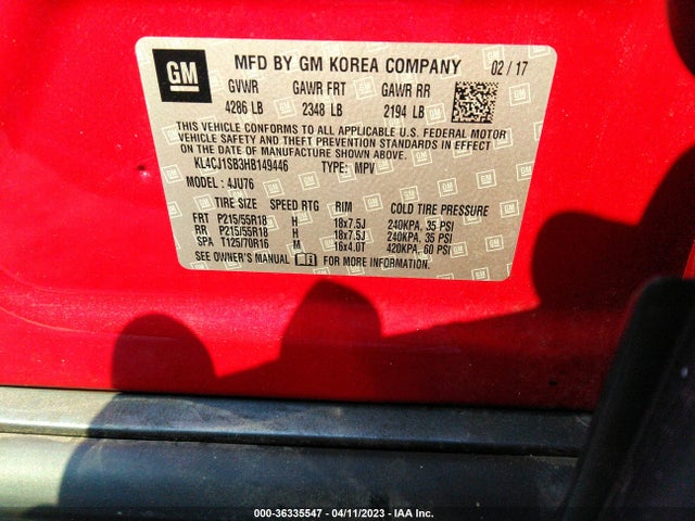 2017 BUICK ENCORE SPORT TOURING VIN: KL4CJ1SB3HB149446