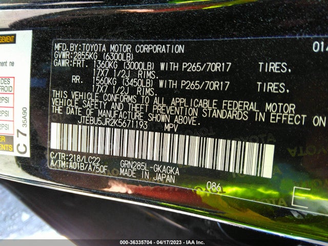 2019 TOYOTA 4RUNNER SR5 VIN: JTEBU5JR2K5671193