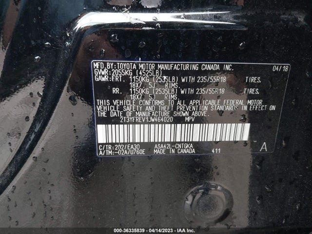2018 TOYOTA RAV4 LIMITED/PLATINUM VIN: 2T3YFREV1JW464020