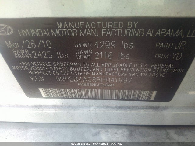 2011 HYUNDAI SONATA GLS VIN: 5NPEB4AC8BH041997