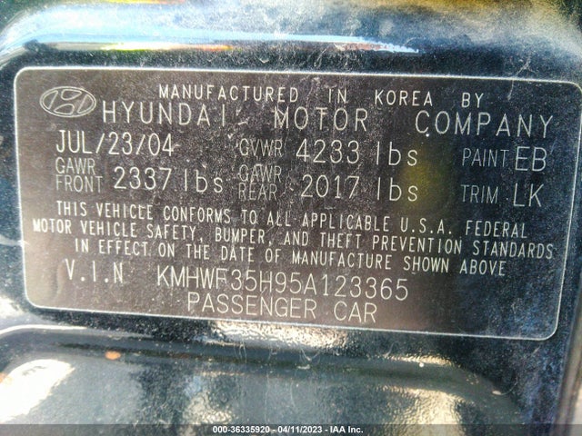 2005 HYUNDAI SONATA GLS/LX/GLS SPECIAL VALUE VIN: KMHWF35H95A123365
