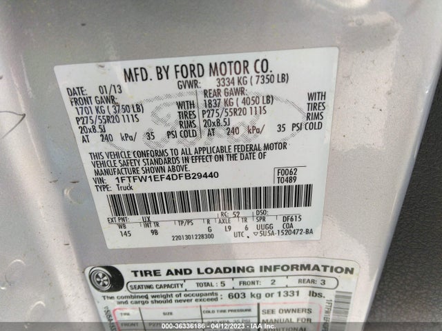 2013 FORD F-150 XL/XLT/FX4/LARIAT VIN: 1FTFW1EF4DFB29440