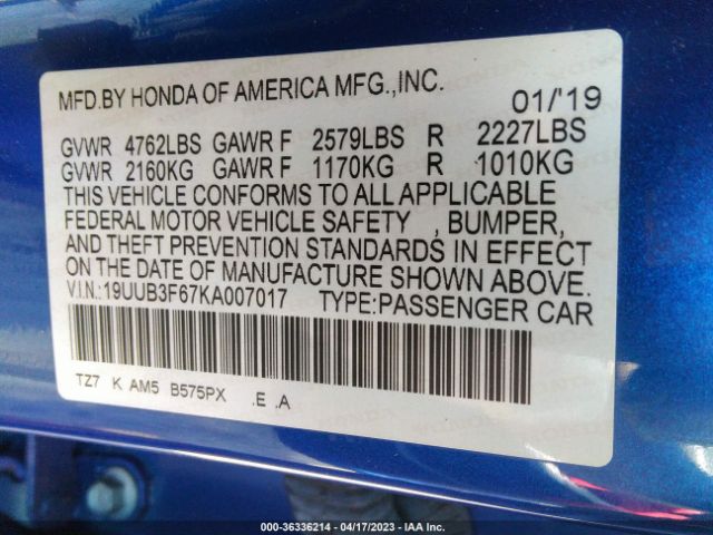 19UUB3F67KA007017 Acura Tlx W/a-spec Pkg