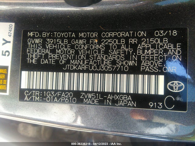 Toyota Prius Two/two Eco/three 2018 JTDKARFU0J3057710 Image 9