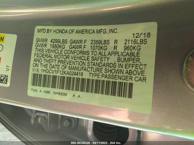 2019 HONDA ACCORD SEDAN LX 1.5T VIN: 1HGCV1F12KA024416